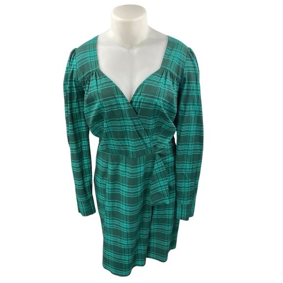 NEW Fashion to Figure Womens Green Plaid Long Sleeve Mini Wrap A-Line Dress 2 - Picture 1 of 5